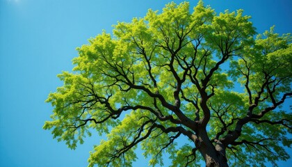 Fototapeta premium Lush green tree under clear blue sky nature scene outdoor bright day aerial view serenity