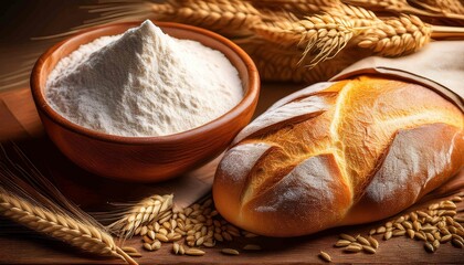 Fototapeta premium A loaf of bread with ears of wheat on a wooden table