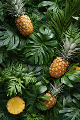 Fototapeta premium Fresh pineapples and lush green tropical leaves flat lay
