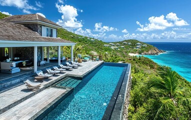 Obraz premium A beachside villa rental with contemporary decor, an infinity pool, and a large deck perfect for lounging in the sun