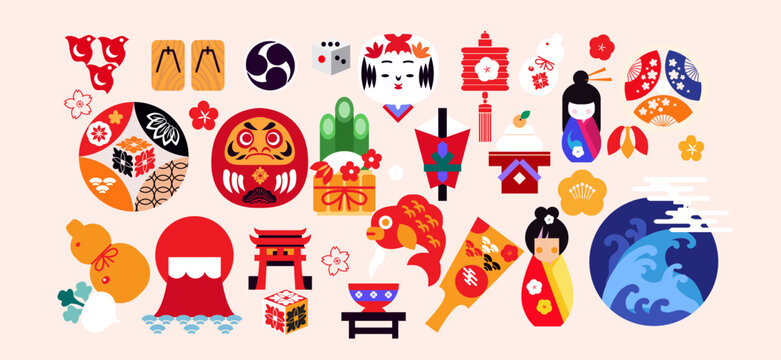 Japanese toys, National lucky sharms, asian fortune symbols, daruma, maneki cat