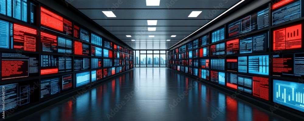 Poster futuristic corridor lined with numerous screens displaying data visualizations in shades of red and 