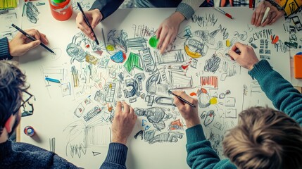Collaborative creative session involving diverse drawings and brainstorming session