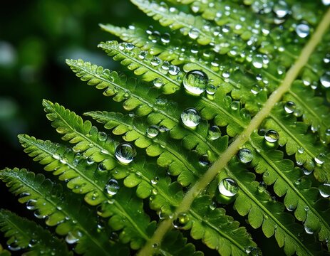 A close-up shot of lush green fern leaves adorned with shimmering water droplets, showcasing nature freshness, rich texture, and delicate details.