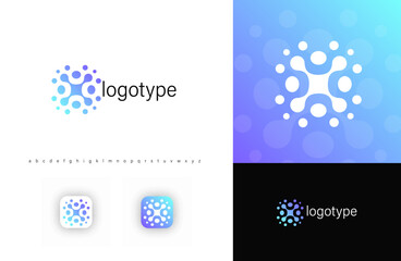 Abstract human figures forming connected fusion dots, symbolizing unity, teamwork, digital communication. Ideal for social networks, corporate teams, tech companies. Modern vector logo