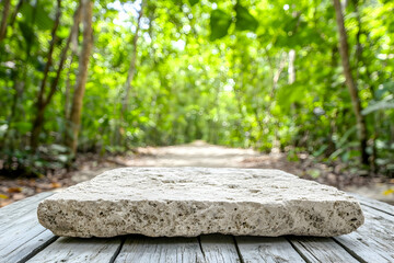A light-colored stone platform with a blurred background of a path in a lush green forest