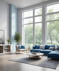 Fototapeta premium Modern white and blue open concept living area with a large window, natural light, blue accents