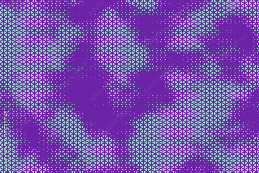 Poster Triangular Halftone Texture Retrowave Vector Geometric Technology Abstract Purple and Aqua Background. Half Tone Triangles Retro Colored Pattern. Minimal 80s Style Dynamic Tech Structure Wallpaper