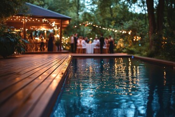 Outdoor party by pool at night
