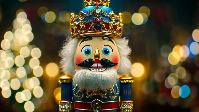 Colorful nutcracker dressed in royal attire stands against a festive backdrop during the holiday season