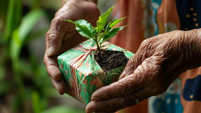 Close up of hands - grandmother giving a wrapped small teak that needs to be planted. v4