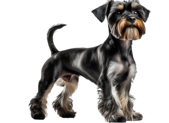 Schnauzer standing confidently on a white background showcasing its distinct coat and playful personality in a well-lit indoor setting