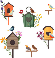 A set of illustrations with a spring theme. Birdhouse and birds, spring flowers. Vector illustration
