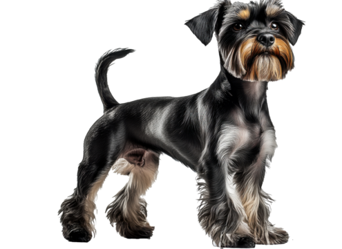 Schnauzer standing confidently on a white background showcasing its distinct coat and playful personality in a well-lit indoor setting