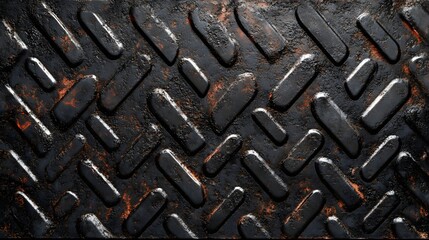Dark weathered metal plate shows a repeating tread pattern