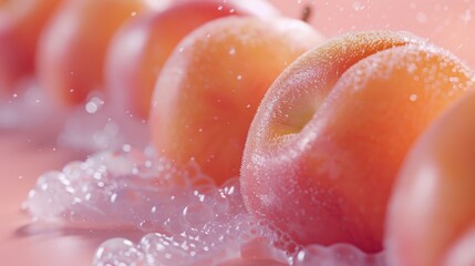 Juicy peaches in a refreshing water bath on soft pink background