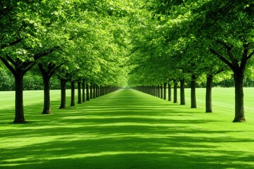 Obraz premium A serene path lined with lush green trees creates a tranquil atmosphere in a vibrant landscape.