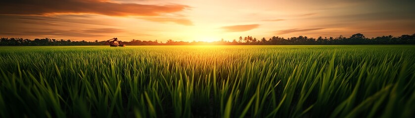 A serene landscape of lush green grass under a golden sunset, evoking tranquility and the beauty of nature.