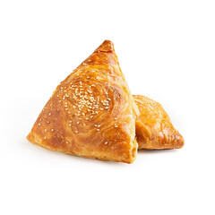 Samsa Uzbek, pastry made from puff pastry, on a white background, isolated.
