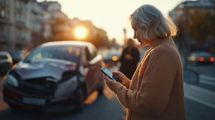 An elderly woman stands on a city street, holding a phone, looking anxious, calling the insurance company. Behind her, a damaged car is seen in an accident. 