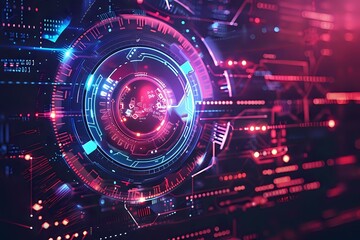 Futuristic cyber technology interface with glowing neon circles and digital elements in pink and blue colors against dark background creating sci-fi atmosphere.