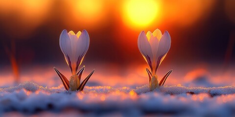 Shiny autumn crocus flowers bloom with white petals against a warm sunset background in early autumn