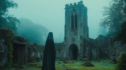 Haunting figure in dark cloak before ruined church in mist