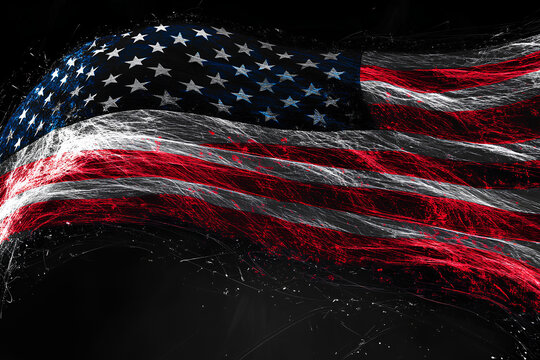 The American flag gently drapes on a black background, with soft highlights and visible folds adding depth and texture to the image. The contrast enhances the flag's vibrant colors and symbol of patri