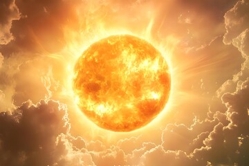 Obraz premium Radiant sun illuminating a vibrant sky filled with dynamic clouds during a dramatic sunset