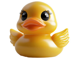 Bright yellow rubber duck with large eyes and cute wings, suitable for bath time fun, displayed against a white background