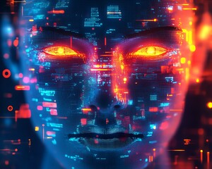 An abstract pixelated robot face with digital holographic effects, glowing circuits, hightech futuristic portrait design, vibrant colors, ultradetailed, 8K UHD