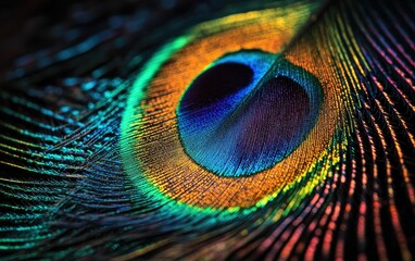 Obraz premium A close-up of a colorful peacock feather, showcasing the intricate details and vibrant colors