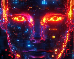An abstract pixelated robot face with digital holographic effects, glowing circuits, hightech futuristic portrait design, vibrant colors, ultradetailed, 8K UHD