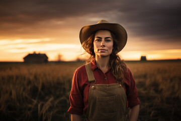 Farmer stands confidently in golden fields during sunset, showcasing rural life and dedication to agriculture