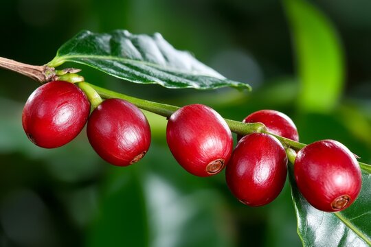 Fresh red coffee cherries on a branch surrounded by green leaves