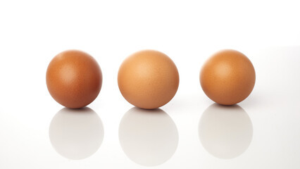 Isolated in White Background, Three Brown Eggs Arranged in a Straight Line With Smooth Surfaces Reflecting Light