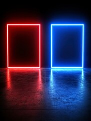 Red and blue neon squares on dark reflective surface. Abstract geometric background with vibrant colors and glowing lines. Minimalist design.