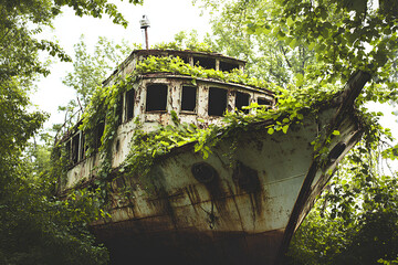 The wreck of an old ship, overtaken by nature, lies hidden in a dense forest. Ivy and vines cover the ship's weathered surface, blending it into the wild surroundings.