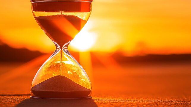 Hourglass silhouette against sunset background symbolizing climate emergency urgency, time running out concept for environmental action