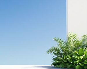 Obraz premium Tropical background with modern architecture wall and lush foliage, designed for natural tropical background compositions with an isolated cutout style, ideal for tropical background visuals