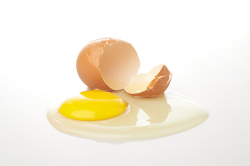 Isolated in White Background, a Broken Eggshell With Yolk and Egg White Spilling Out