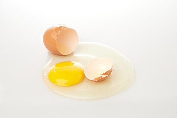 Isolated in White Background, Cracked Eggshell With Yolk and Egg White