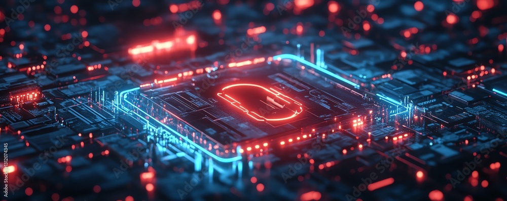 Poster a futuristic lock design with complex encryption symbols, abstract technology protection, glowing ne