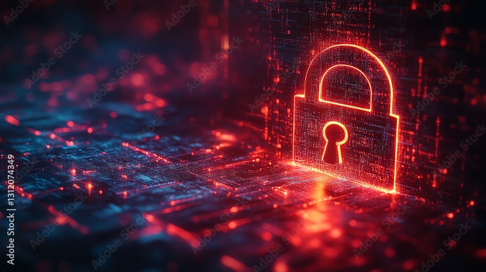Fototapete a glowing abstract lock with digital code flowing through, cyber security and technology theme, intr