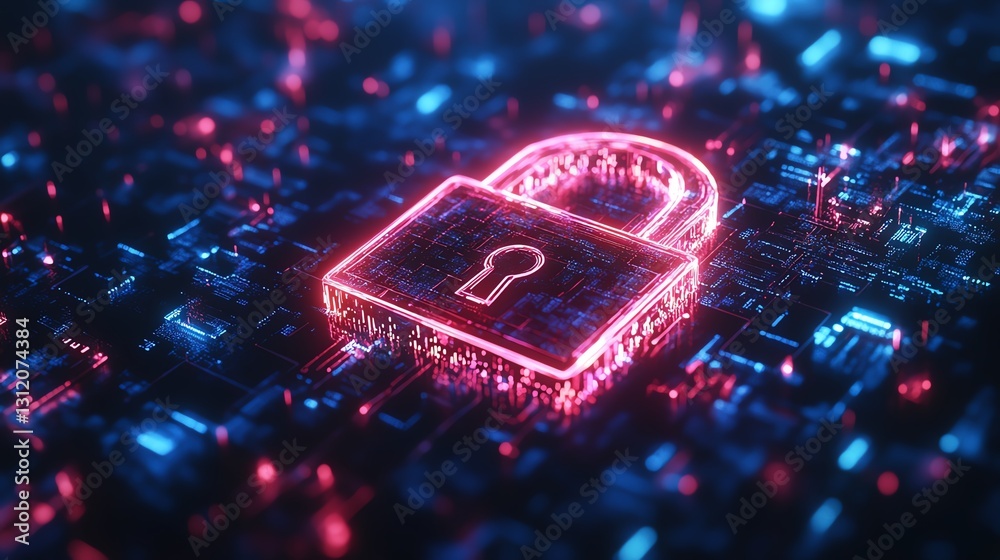Fototapete a glowing abstract lock with digital code flowing through, cyber security and technology theme, intr