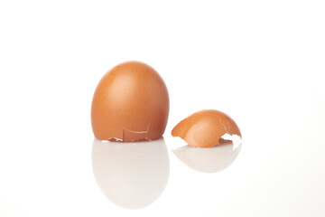 Eggs Isolated in White Background Showcasing a Whole Egg and a Broken Eggshell With Reflections