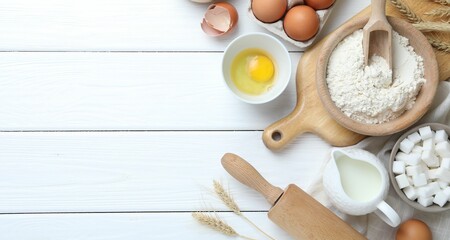 Rolling pin and ingredients for dough on white wooden table, flat lay. Space for text