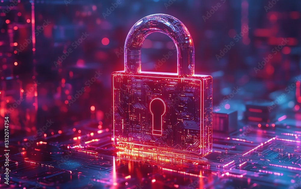 Leinwandbilder a hightech abstract lock, intricate encryption patterns, glowing protective circuits, cyber security