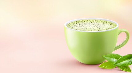 A vibrant green matcha tea served in a light green cup surrounded by fresh leaves on a soft blurry background creating a calm and elegant atmosphere.
