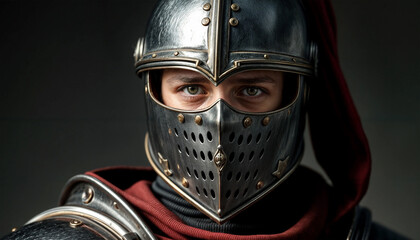 Fototapeta premium Knight in a helmet with a closed visor close-up